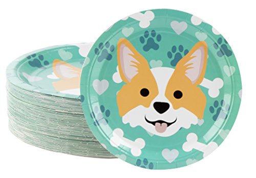 Disposable Plates - 80-Count Paper Plates, Dog Party Supplies for Appetizer, Lunch, Dinner, and Dessert, Corgi, 9 x 9 inches