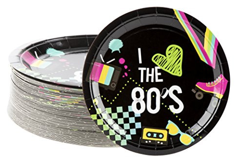 Disposable Plates - 80-Count Paper Plates, Totally 80s Party Supplies for Appetizer, Lunch, Dinner, and Dessert, Kids Birthdays, 9 x 9 inches