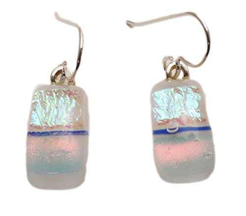 Dichroic Fused Glass White Coral Aqua Sterling Silver Dangle Earrings N225