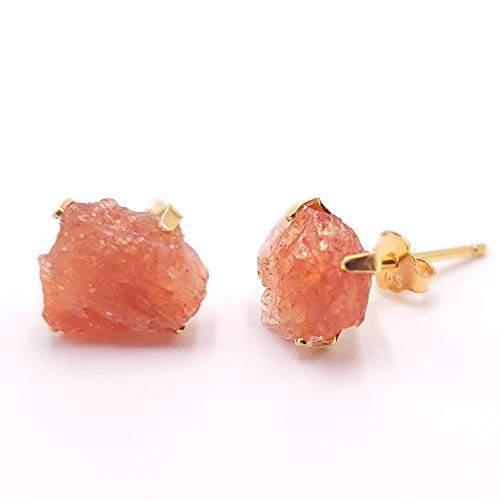 Raw natural orange sunstone stud earrings with 925 sterling silver 14k gold plated prong setting citrine golden shiny genuine rough sunstone uniquelan jewelry