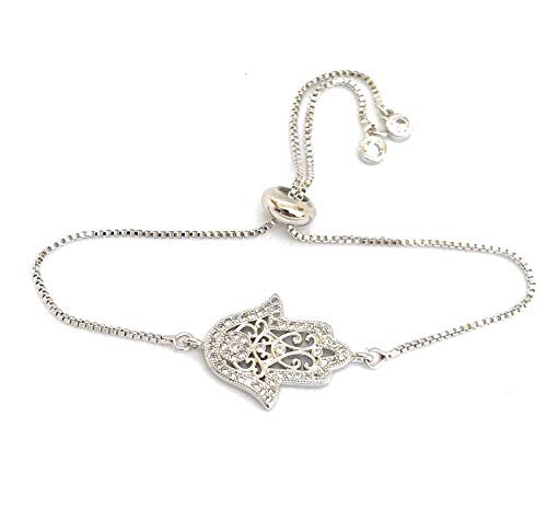 LESLIE BOULES Silver Plated Hamsa Bracelet for Women Adjustable Chain Mano de Fatima