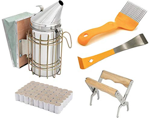 BEEXTM 5Pcs Bee Hive Smoker Suit Beekeeping Tool Kit Beekeeping Supplies for Beekeeper Necessary Includes Bee Hive Smoker Honey Uncapping Fork Tool Bee Frame Grip Hive Scraper Tools