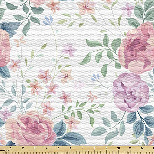 Lunarable Botanical Fabric by The Yard Pastel Tone Rose Branches Romantic Garden Flourishing Daisy Flower Decorative Fabric for Upholstery and Home Accents 1 Yard Pale Pink and Cadet Blue