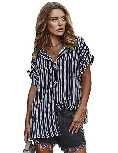 Womens Casual Short Sleeve Shirts Button Down Striped Blouse Tops Navy Blue 2XL