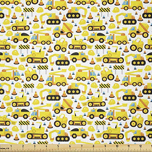 Lunarable Nursery Fabric by The Yard Construction Vehicles Cartoon Style Machines Safety Building Theme Stretch Knit Fabric for Clothing Sewing and Arts Crafts 1 Yard Yellow White Black