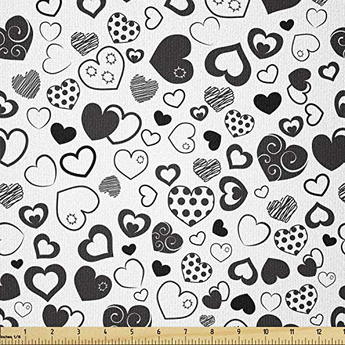 Lunarable Hearts Fabric by The Yard Monochrome Love Theme with Various Art Styles Swirls Polka Dots Lines Scars Stretch Knit Fabric for Clothing Sewing and Arts Crafts 1 Yard Black and White
