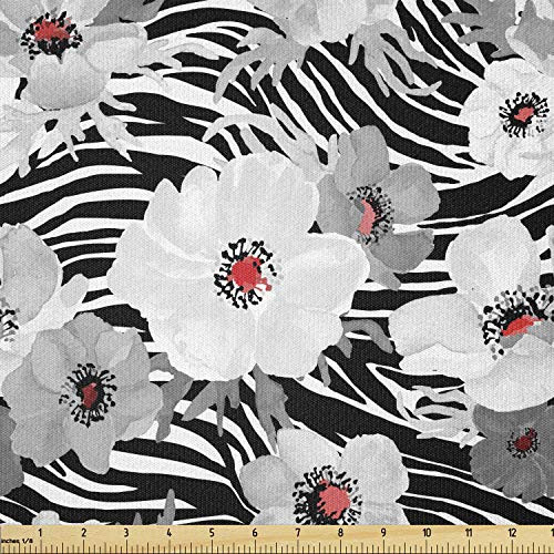 Lunarable Paint Fabric by The Yard Abstract Lines Zebra Patterned Background with Floral Scenes from Nature Stretch Knit Fabric for Clothing Sewing and Arts Crafts 1 Yard Black Vermilion