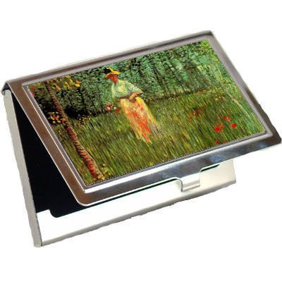 A Woman Walking in a Garden By Vincent Van Gogh Business Card Holder