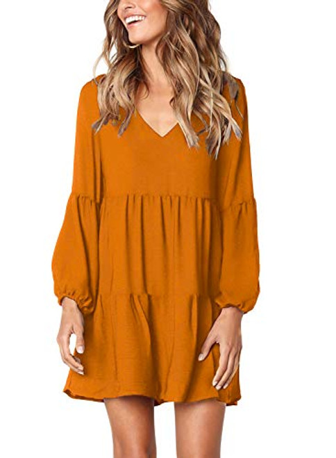 Arolina Womens Long Sleeve Tunic Dress V Neck Casual Loose Fall Flowy Swing Shift Dresses Caramel