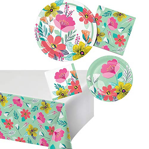 Contemporary Floral Themed Party Supplies for 16 People   Bundle Includes Paper Plates Napkins and Tablecover