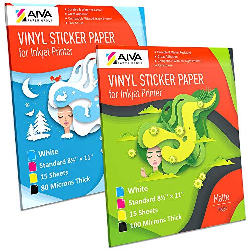 Printable Vinyl Sticker Paper for Inkjet Printer - 15 Matte and 15 Frosty Clear Self-Adhesive Sheets - Waterproof Decal Paper - Standard Letter Size 8.5 inch x11 inch  - White