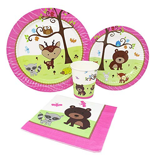 Blue Orchards Woodland Girl Standard Party Packs (65+ Pieces for 16 Guests!), Girl's 1st Birthday Tableware, Girl Baby Shower Supplies, Woodland Themed Birthday