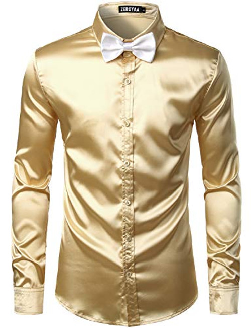 ZEROYAA Mens Luxury Shiny Silk Like Satin Button Up Dress Shirts ZLCL14-Champagne X-Large