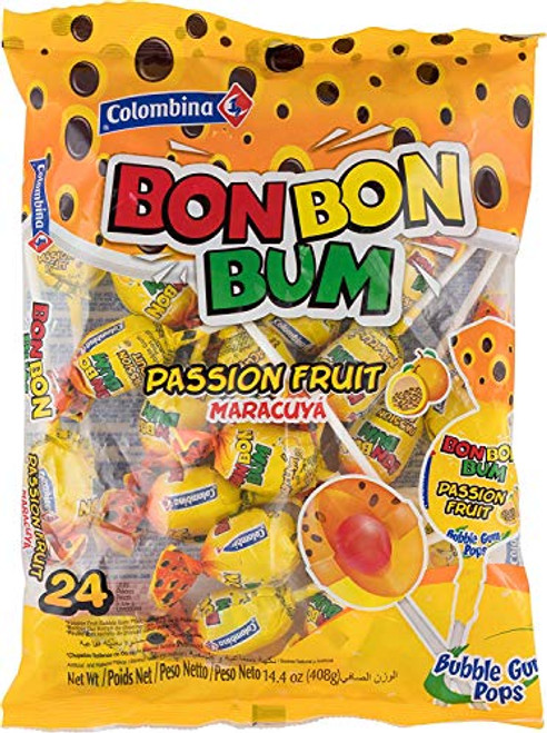 Colombina Bon Bon Bum Chupetas de Maracuya  Passion Fruit   408 grs. - 4 Pack. 24 Lollipops per Bag