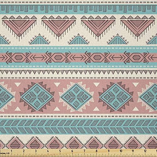 Ambesonne Tribal Fabric by The Yard Vintage Design Native Style Geometric Triangles Print Microfiber Fabric for Arts and Crafts Textiles  and  Decor Cream Aqua and Peach