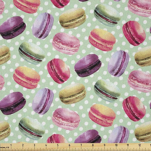 Lunarable Colorful Fabric by The Yard Macarons in Watercolors on Background with Polka Dots Delicious Pastries Pattern Microfiber Fabric for Arts and Crafts Textiles  and  Decor 1 Yard Multicolor