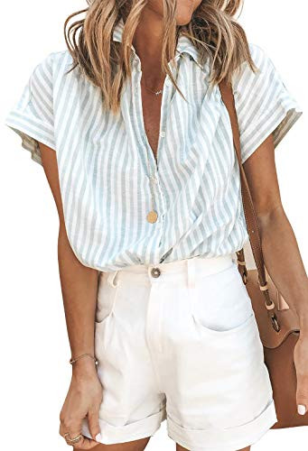 CILKOO Womens Summer Casual V Neck Striped Short Sleeve Button Down Collar Tunic Blouses Plus Size Fashion 2021 Tshirts Tops Green XX-Large