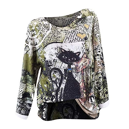Women Tops Fashion O-neck Hedging Cat Print Pullover Long Sleeve Blouse T-shirt YKDIANZI Green