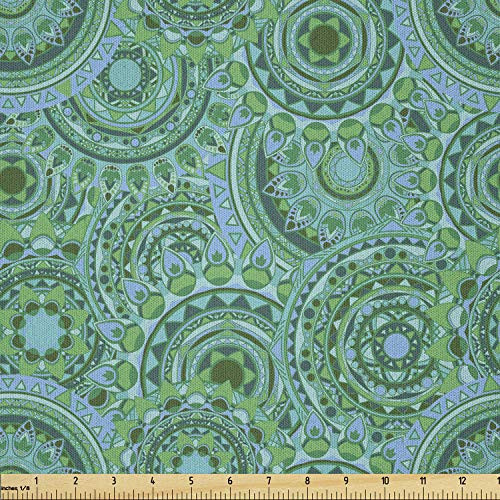 Lunarable Emerald Fabric by The Yard Mandala Pattern with Soft Color Pattern Complex Motif Eastern Geometric Style Microfiber Fabric for Arts and Crafts Textiles  and  Decor 1 Yard Green Blue