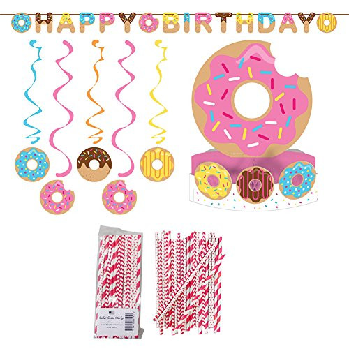 Donut Time! Birthday Party Supply Pack: Straws, Party Banner, Dizzy Danglers, and Honeycomb Centerpiece