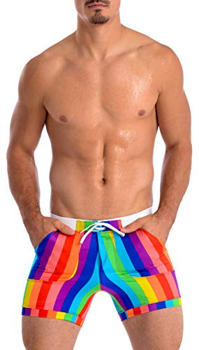 Gary Majdell Sport Mens Swimsuit Basic Long Boxer Trunks Board Shorts Rainbow Large