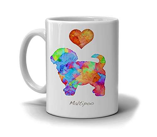 Maltipoo Longhair Dog Breed Mug by Artist Dan Morris Personalize with Dog Name Two Sizes