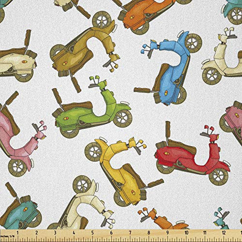 Ambesonne Motorcycle Fabric by The Yard Famous Moped Bikes in Cartoon Style and Different Colors Retro Italian Scooters Microfiber Fabric for Arts and Crafts Textiles  and  Decor 1 Yard Multicolor