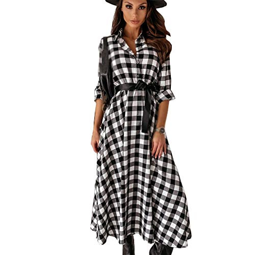 XUETON Womens Long Sleeve Casual Midi Dress Plaid Floral Party Swing Dress with Pockets