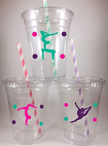 Gymnastics Party Cups Disposable Set 12 With Lids Straws