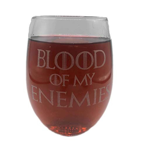 BLOOD OF MY ENEMIES Stemless Wine Glass Engraved 21 oz Funny Gift Girlfriend Best Friend Aunt Sister Co Worker