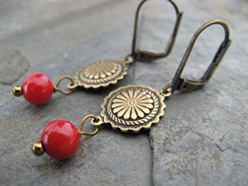 Red Sea Coral Vintage Style Bronze Medallion Leverback Earrings Boho Artisan Jewelry Red Sea Coral Vintage Style Bronze Medallion Leverback Earrings Boho Artisan Jewelry