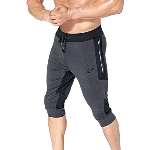 BROKIG Mens 3 4 Workout Pants Sidelock Gym Joggers Capri Cotton Shorts with Zipper Pockets  Medium Gray