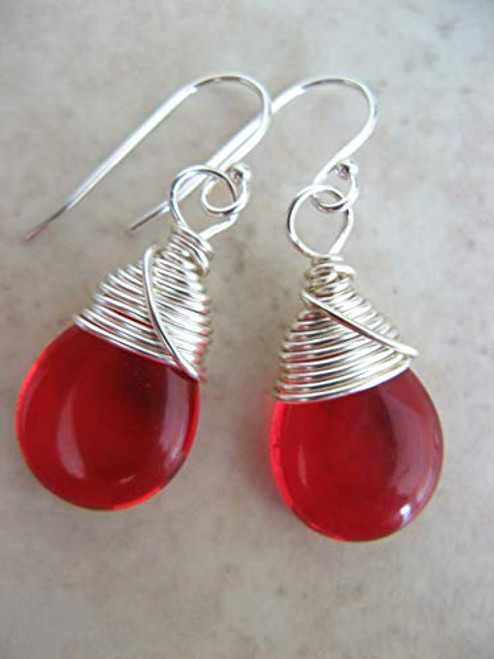 Bright Red Czech Glass Teardrop Wire-Wrapped Mixed Metals Earrings on Sterling Silver Wires Boho Artisan Jewelry