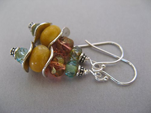 Colorful Gemstone and Czech Picasso Glass Mixed Metals Sterling Silver Earrings Artisan Jewelry