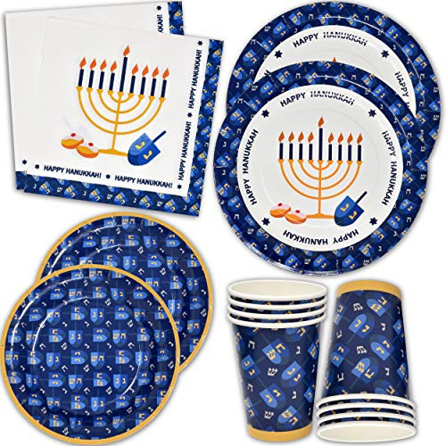 Hanukkah Plates and Napkins for 24 Guests Includes 24 9 inch  Dinner Plates 24 7 inch  Dessert Plates and 48 Luncheon Napkins Party Paper Plate Goods Supplies Decorations for Dinner Parties