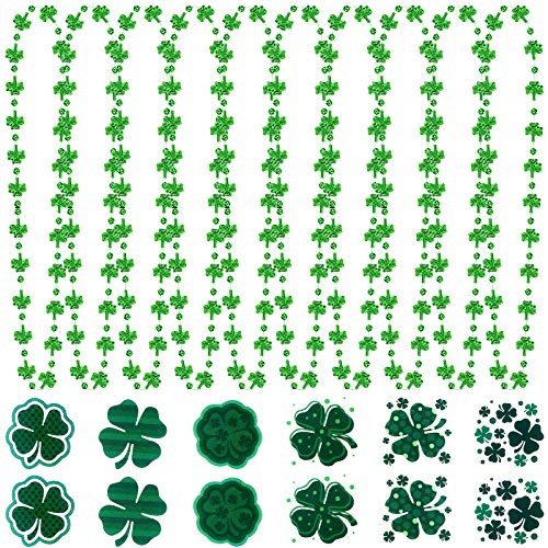 96 Pieces St Patricks Day Accessories Include St Patricks Day Necklace Shamrock Beads Necklaces and Temporary Shamrock Tattoos for Party Cosplay Costumes