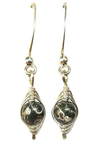 Turritella Agate and Sterling Silver Wire-Wrapped Herringbone Earrings