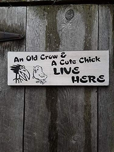 An old crow and a cute chick live here shabby painted wood sign