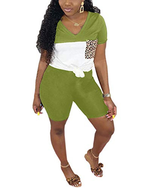 Summer Outfits for Women Color Block 2 Piece Tracksuit Short Sleeve Shirts Tops  and  Shorts Set Green S Summer Outfits for Women Color Block 2 Piece Tracksuit Short Sleeve Shirts Tops  and  Shorts Set Green S