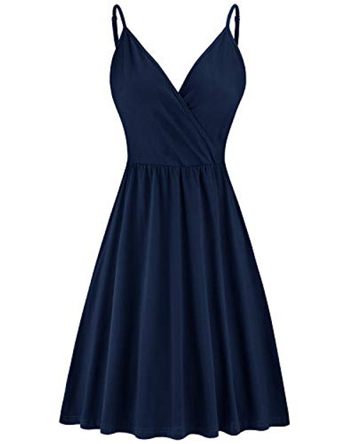 VOTEPRETTY Womens V-Neck Spaghetti Strap Dress Summer Casual Swing Sundress with Pockets Navy
