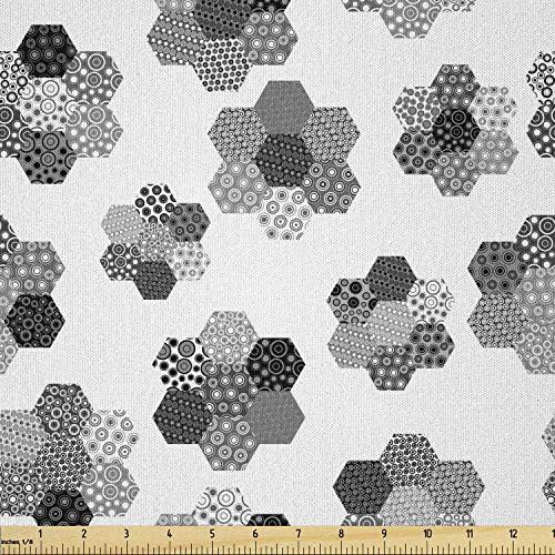 Lunarable Geometric Fabric by The Yard Monochrome Hexagonal Patterned Shapes Forming Abstract Floral Petals Microfiber Fabric for Arts and Crafts Textiles  and  Decor 1 Yard Grey Black and White