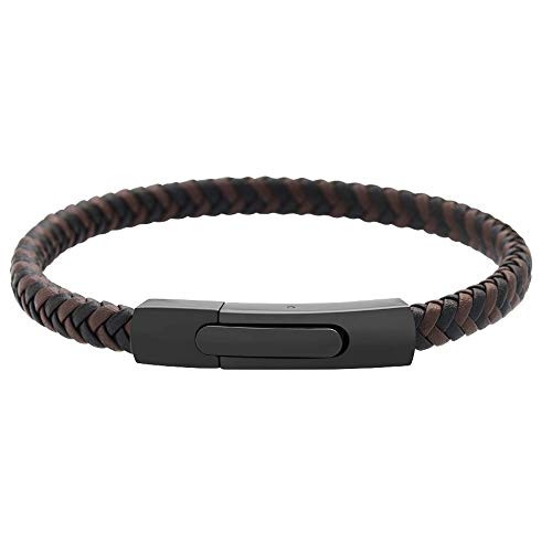 Geoffrey Beene Mens Braided Genuine Leather Fashion Bangle Bracelet with Stainless Steel Clasp  Brown