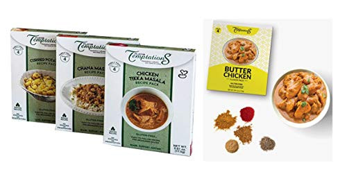 Chicken Tikka Chana Masala Butter Chicken Potato Curry Indian Food Spices by Flavor Temptations. Home Cook Variety with Beginner Seasoning Set. Gluten free Salt free. 4 serving   flavor