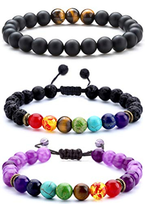 Hamoery 8mm Lava Rock 7 Chakras Aromatherapy Essential Oil Diffuser Bracelet Braided Rope Natural Stone Yoga Beads Bracelet Set