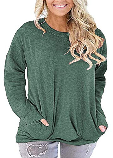 PLOKNRD Women Plus Size Casual Round Neck Long Sleeve Fit Tunic Top Baggy Comfy Blouse with Pockets 22WArmy Green PLOKNRD Women Plus Size Casual Round Neck Long Sleeve Fit Tunic Top Baggy Comfy Blouse with Pockets 22WArmy Green