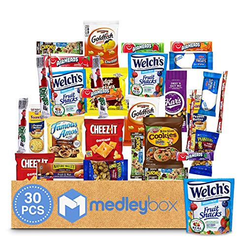 MedleyBox Care Package  30 Count  Variety Pack Snacks Gift Box Ultimate Sampler Mixed Bars Chips Cookies  and  Candy For Office Schools Friends  and  Family College Halloween Holidays Gift Box