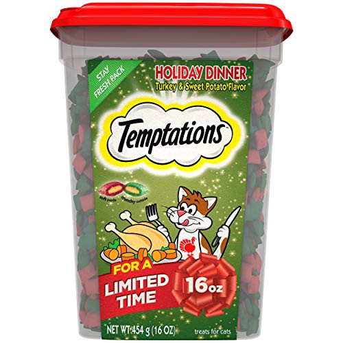 TEMPTATIONS Holiday Dinner Crunchy and Soft Cat Treats Turkey and Sweet Potato Flavor 16 oz. Tub