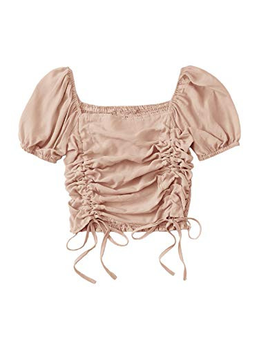 SheIn Womens Puff Short Sleeve Square Neck Shirred Drawstring Crop Blouse Top Pink X-Small