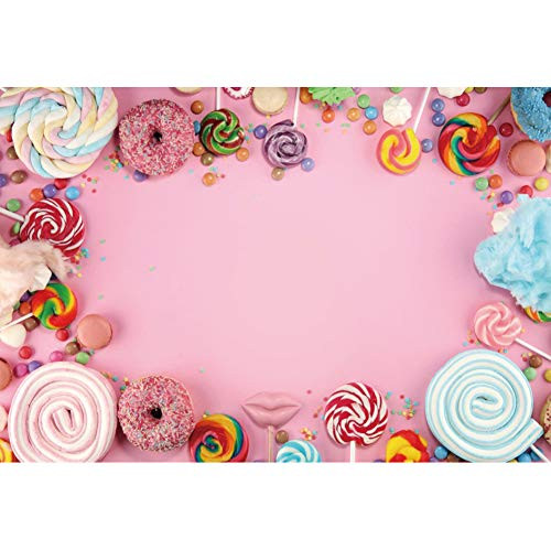 DORCEV 7x5ft Candy Photography Backdrop for Kids Birthday Party Baby Shower Background Sweet Pink Wall Lollipop Candy Doughnut Kids Cake Table Banner Kids Birthday Photo Studio Props