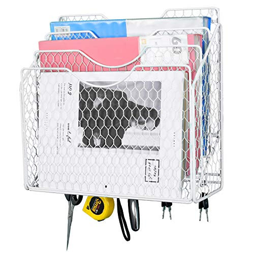 PAG Desktop Hanging Wall File Holder Mail Organizer Metal Chicken Wire Letter Sorter Magazine Literature Rack with 5 Hooks White